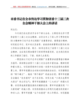 市委书记在全市传达学习贯彻省委十三届三次全会精神干部大会上的讲话