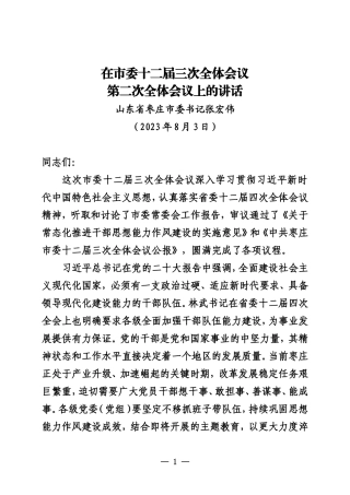 在市委十二届三次全体会议第二次全体会议上的讲话