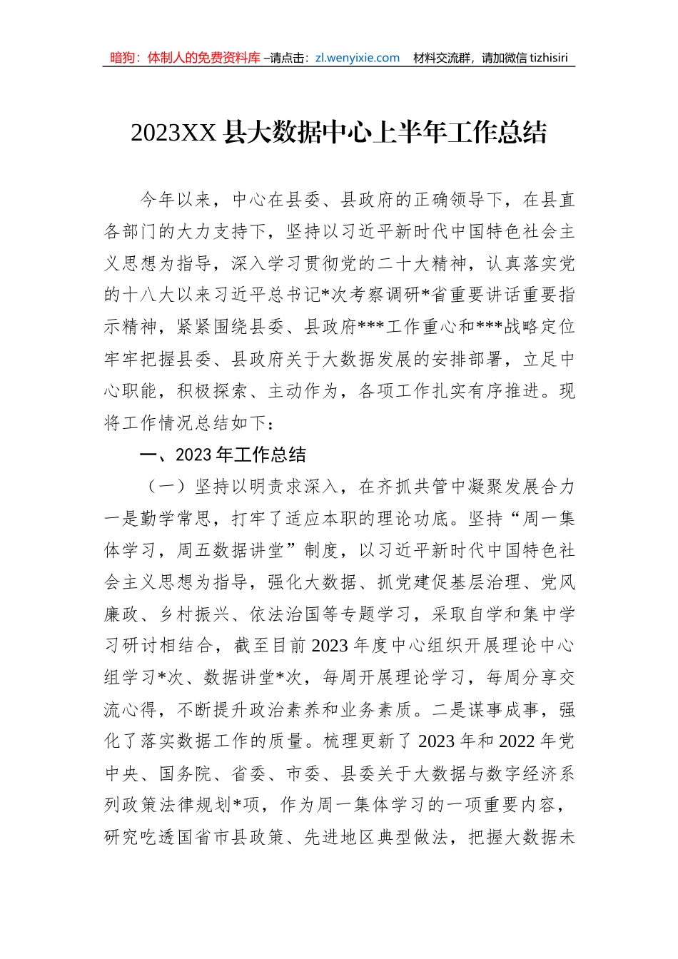2023XX县大数据中心上半年工作总结_第1页