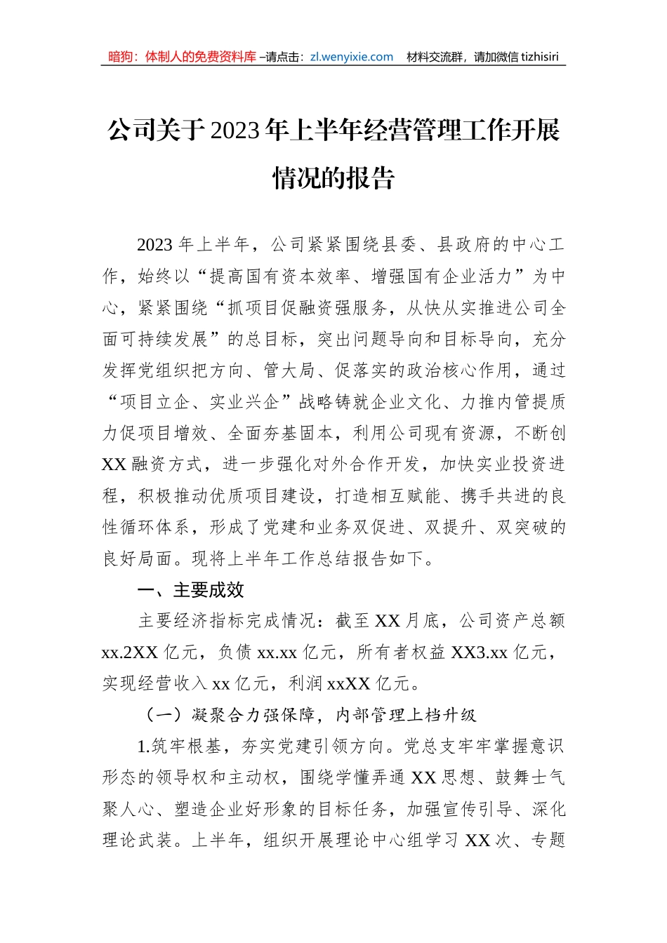 公司关于2023年上半年经营管理工作开展情况的报告_第1页