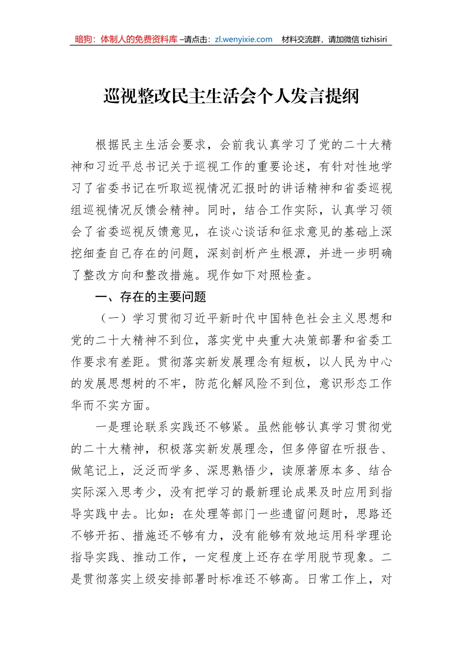 巡视整改民主生活会个人发言提纲_第1页