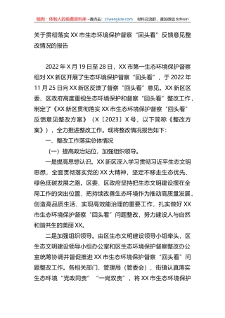 关于贯彻落实XX市生态环境保护督察“回头看”反馈意见整改情况的报告