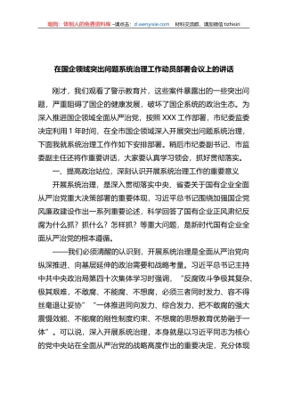 在国企领域突出问题系统治理工作动员部署会议上的讲话
