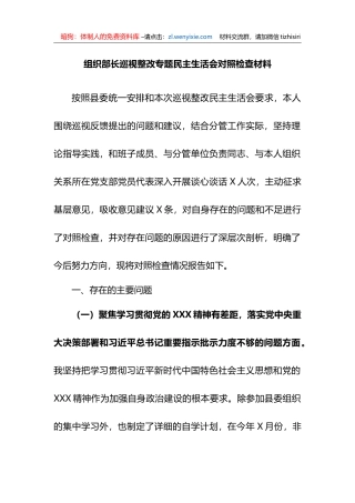 组织部长巡视整改专题民主生活会对照检查材料