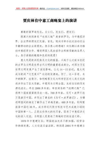 贾庆林：在中意工商晚宴上的演讲