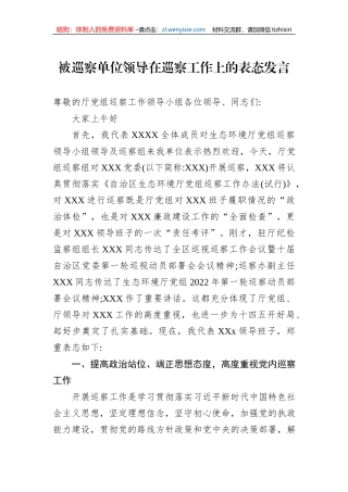 被巡察单位领导在巡察工作上的表态发言