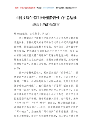 市科技局在巡回指导组阶段性工作总结推进会上的汇报发言
