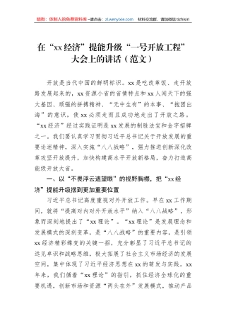在“xx经济”提能升级“一号开放工程”大会上的讲话