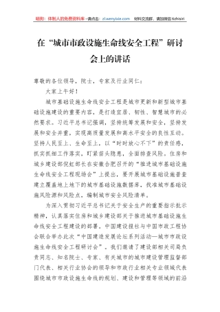 在“城市市政设施生命线安全工程”研讨会上的讲话