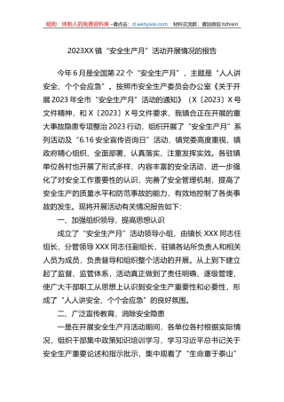 2023XX镇“安全生产月”活动开展情况的报告（总结）