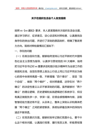 关于在组织生活会个人发言提纲