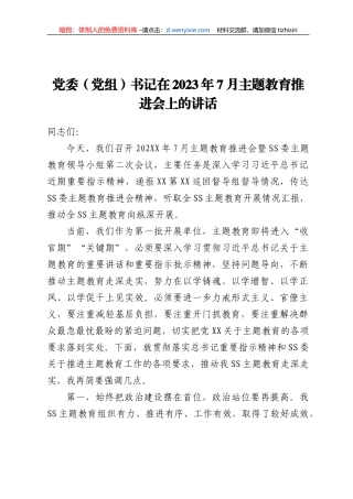 党委（党组）书记在2023年7月主题教育推进会上的讲话