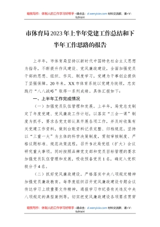 市体育局2023年上半年党建工作总结和下半年工作思路的报告