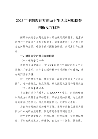 2023年主题教育专题民主生活会对照检查剖析发言材料