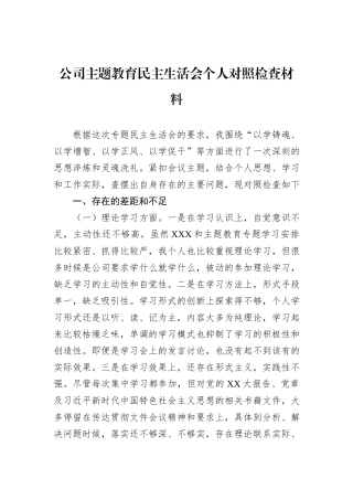 公司主题教育民主生活会个人对照检查材料