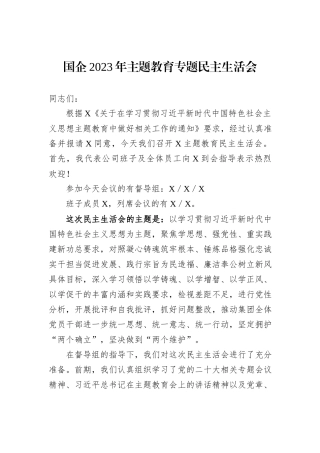 国企2023年主题教育专题民主生活会