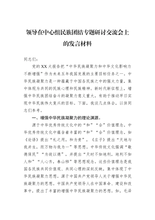 领导在中心组民族团结专题研讨交流会上的发言材料