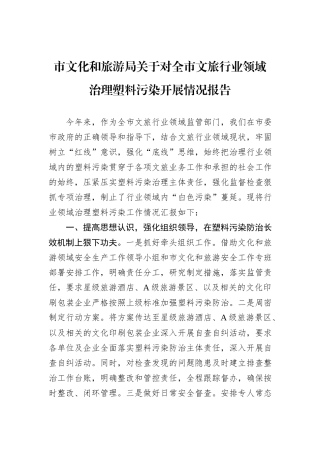 市文化和旅游局关于对全市文旅行业领域治理塑料污染开展情况报告