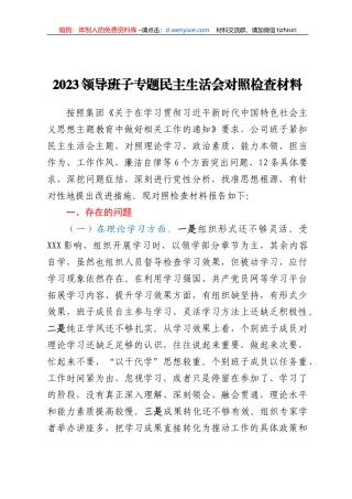2023领导班子专题民主生活会对照检查材料