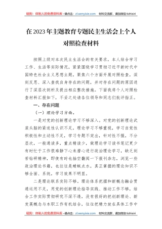 在2023年主题教育专题民主生活会上个人对照检查材料