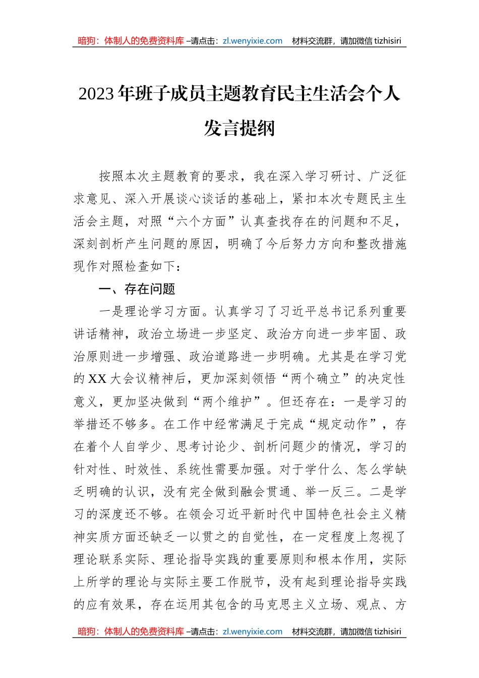 2023年班子成员主题教育民主生活会个人发言提纲_第1页