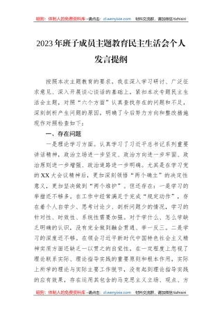 2023年班子成员主题教育民主生活会个人发言提纲