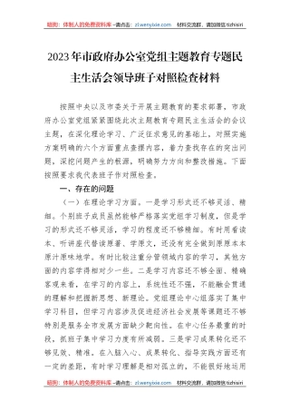 2023年市政府办公室党组主题教育专题民主生活会领导班子对照检查材料