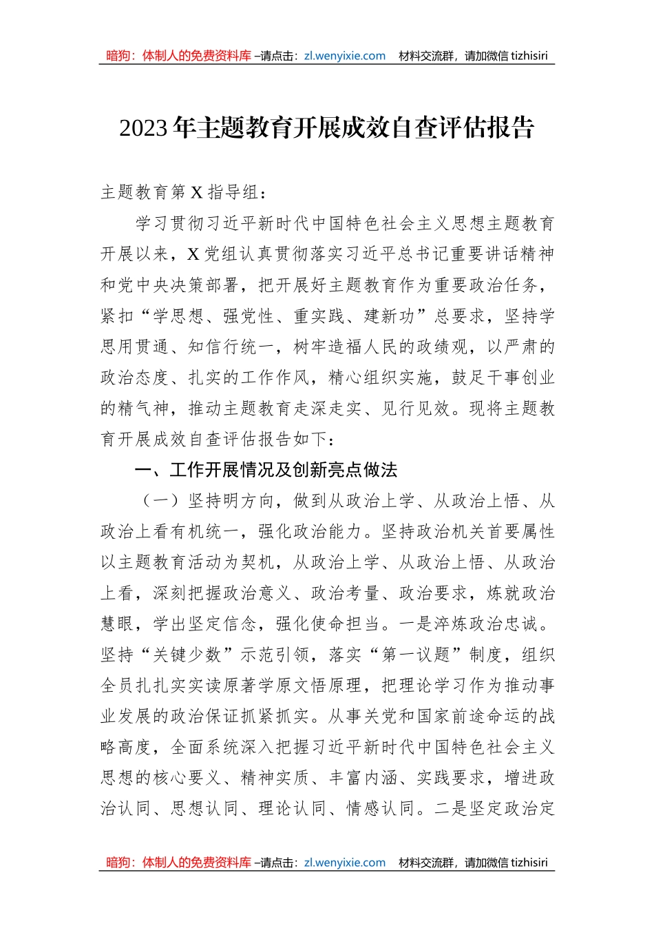 2023年主题教育开展成效自查评估报告_第1页
