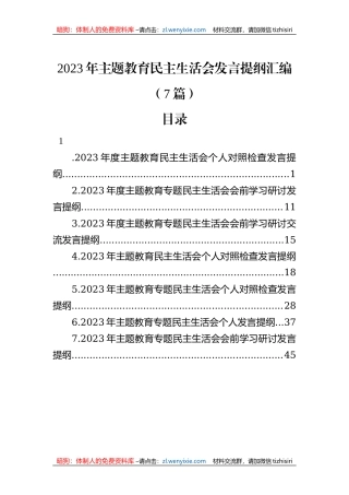 2023年主题教育民主生活会发言提纲汇编（7篇）