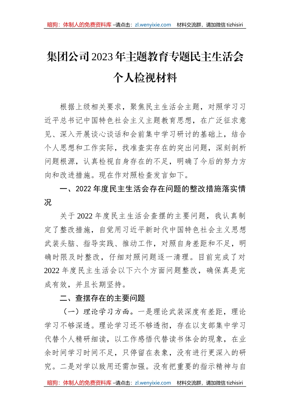 集团公司2023年主题教育专题民主生活会个人检视材料_第1页