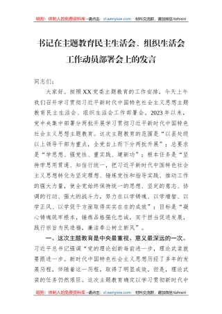 书记在主题教育民主生活会、组织生活会工作动员部署会上的发言
