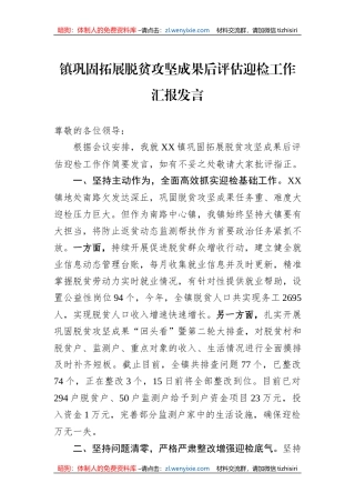 镇巩固拓展脱贫攻坚成果后评估迎检工作汇报发言