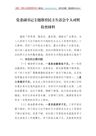 党委副书记主题教育民主生活会个人对照检查材料