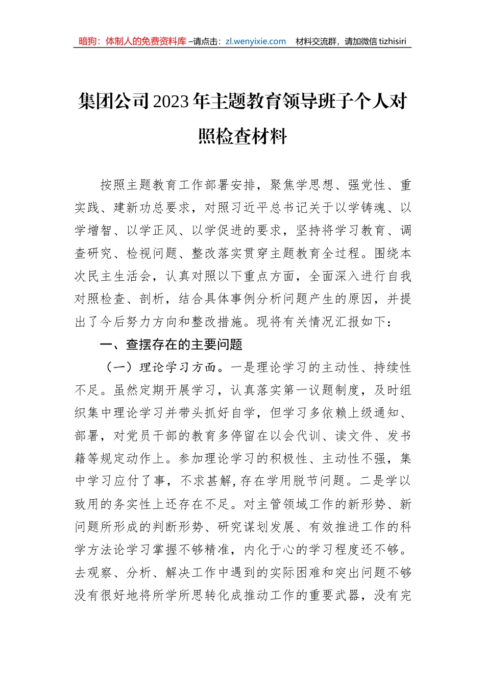 集团公司2023年主题教育领导班子个人对照检查材料_第1页