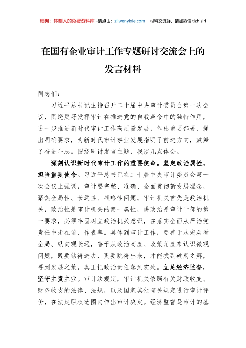 在国有企业审计工作专题研讨交流会上的发言材料_第1页