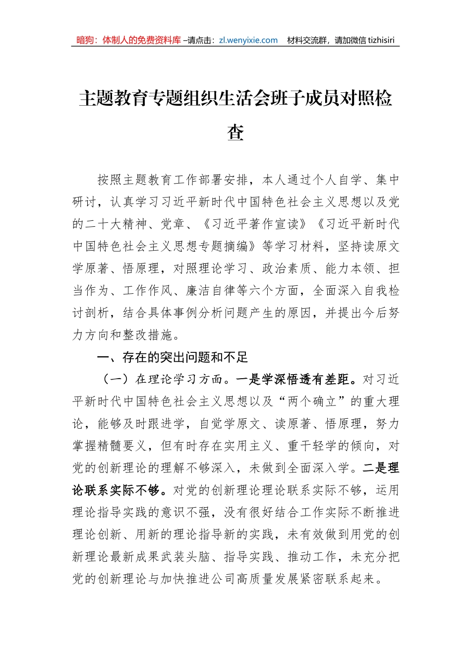 主题教育专题组织生活会班子成员对照检查_第1页