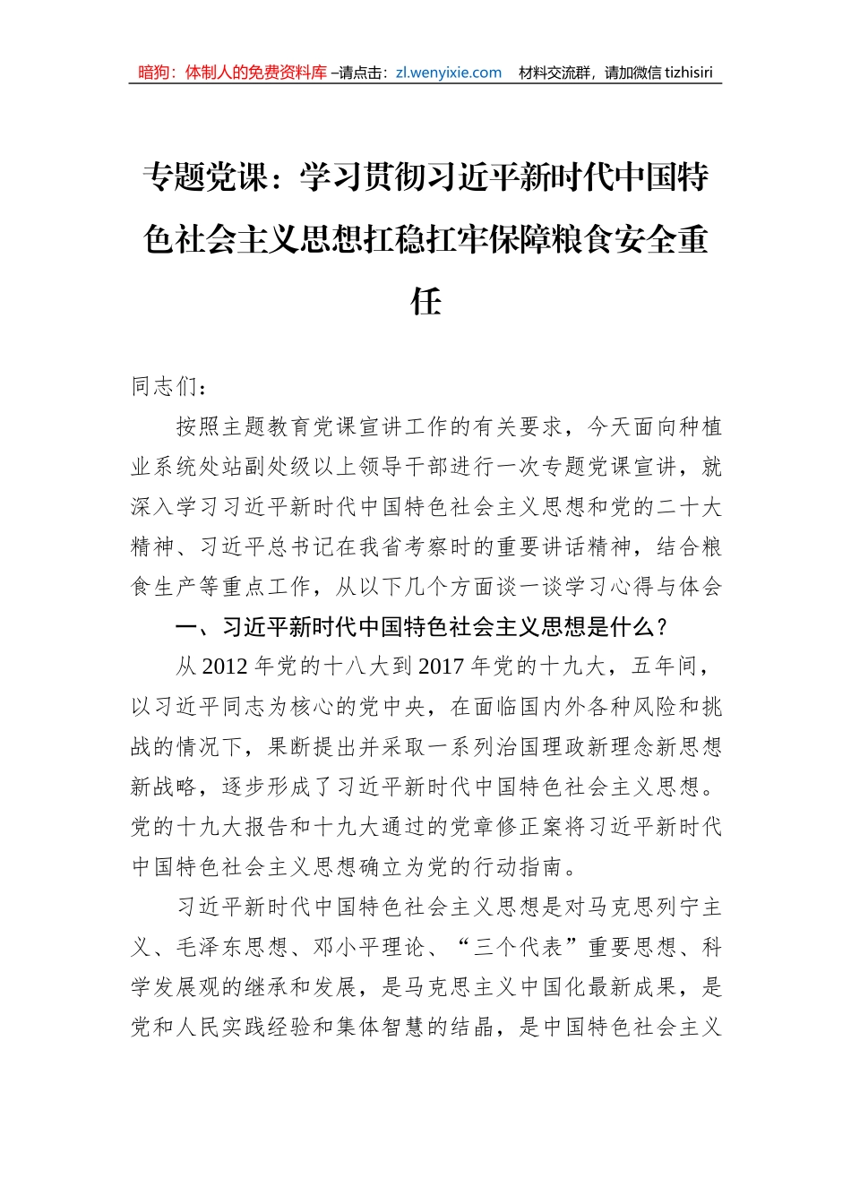 专题党课：学习贯彻习近平新时代中国特色社会主义思想扛稳扛牢保障粮食安全重任_第1页