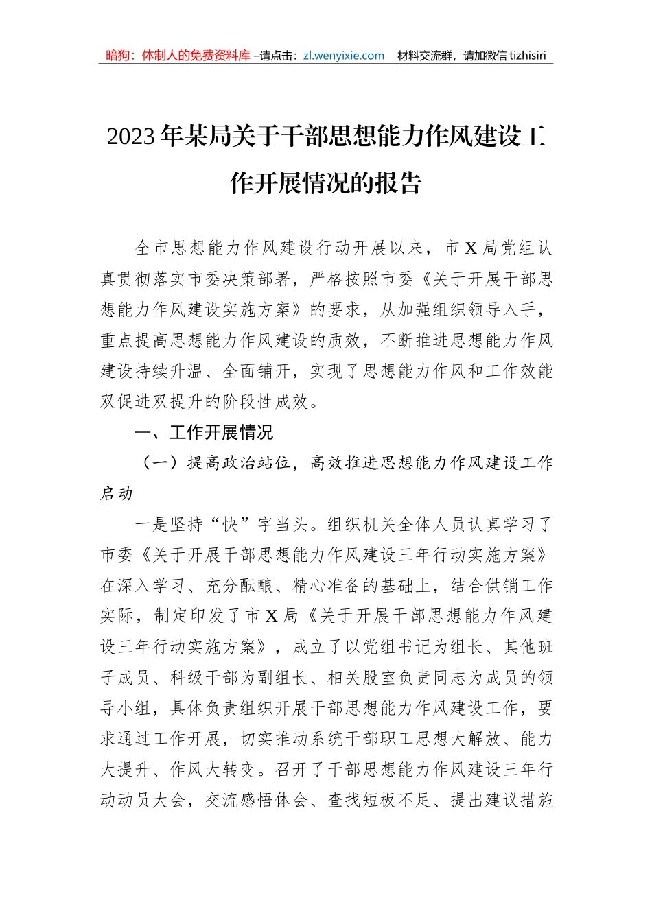 2023年某局关于干部思想能力作风建设工作开展情况的报告_第1页