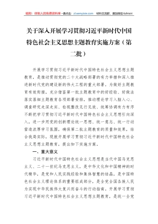关于深入开展学习贯彻习近平新时代中国特色社会主义思想主题教育实施方案（第二批）