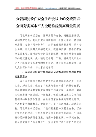 分管副县长在安全生产会议上的交流发言：全面夯实高水平安全助推经济高质量发展