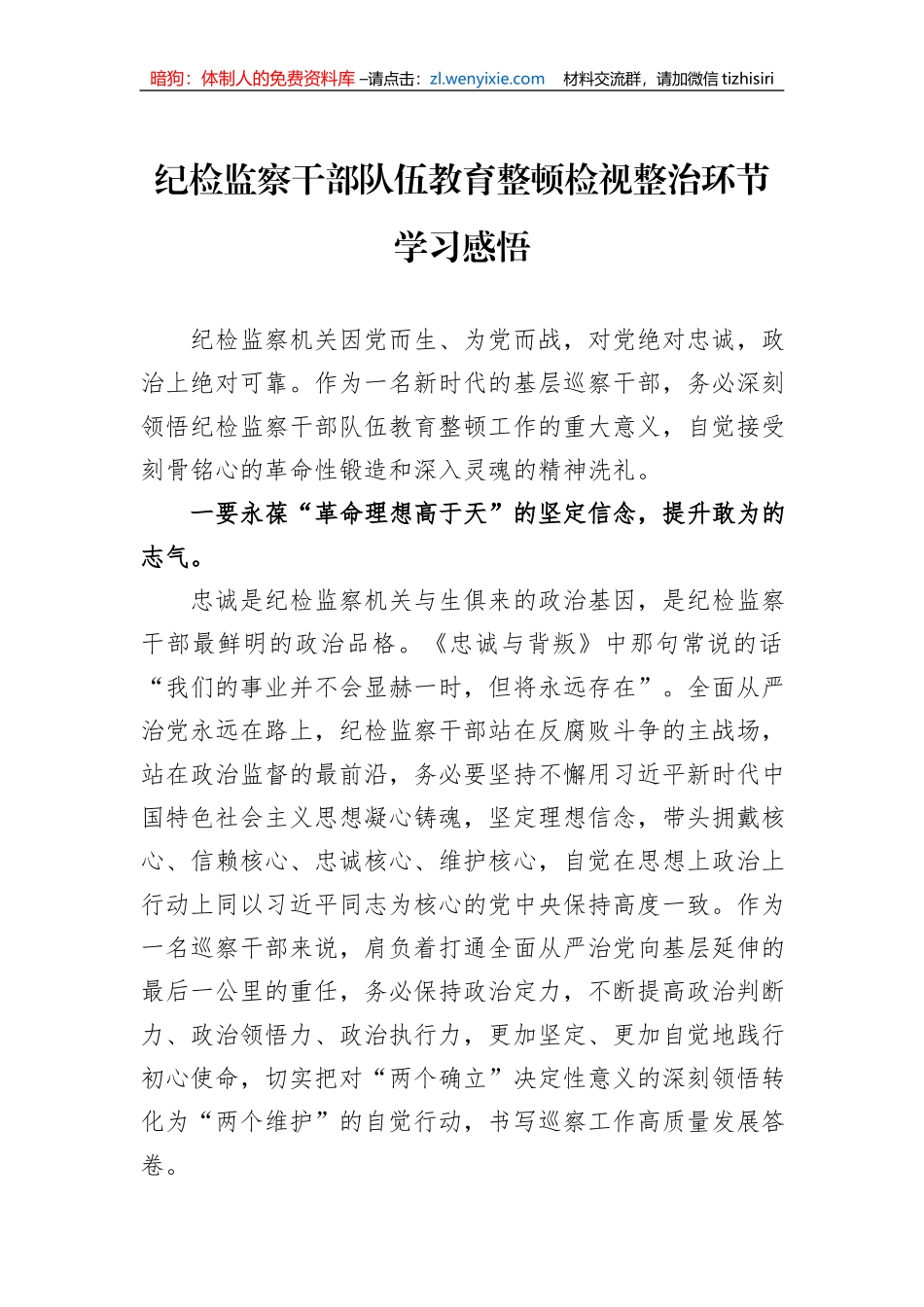 纪检监察干部队伍教育整顿检视整治环节学习感悟_第1页