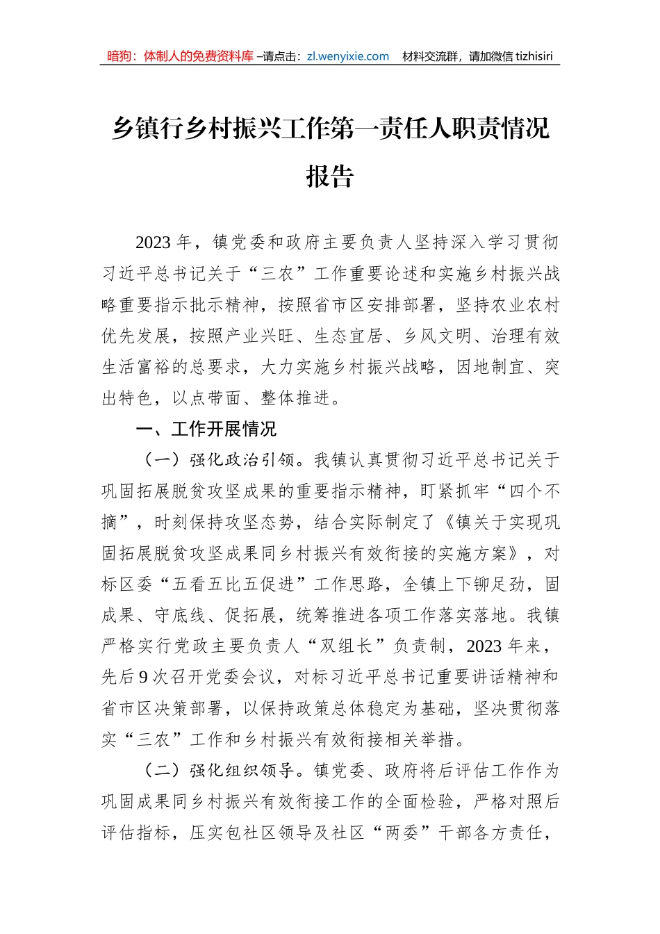 乡镇行乡村振兴工作第一责任人职责情况报告_第1页