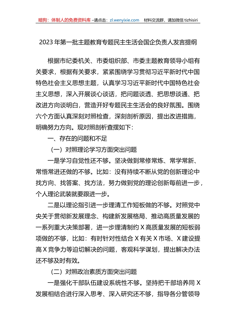 2023年第一批XX教育专题民主生活会国企负责人发言提纲_第1页