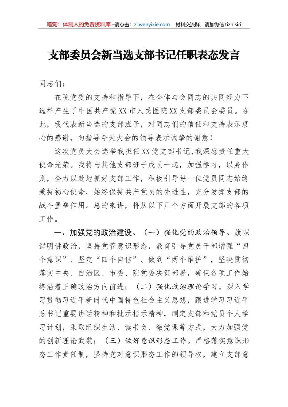 医院支部委员会新当选支部书记任职表态发言_第1页