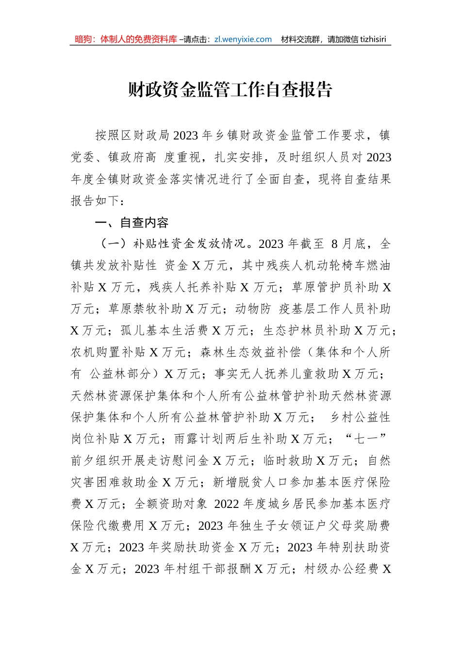 财政资金监管工作自查报告_第1页