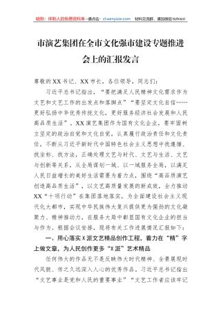 市演艺集团在全市文化强市建设专题推进会上的汇报发言