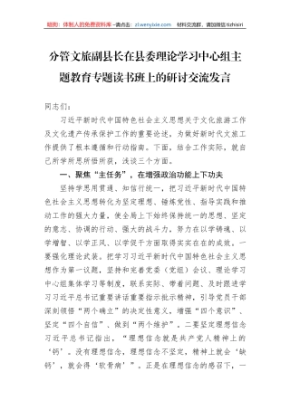 分管文旅副县长在县委理论学习中心组主题教育专题读书班上的研讨交流发言