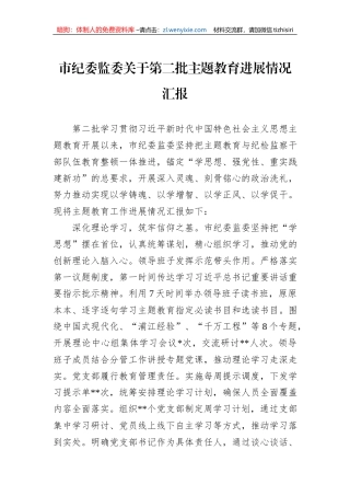 市纪委监委关于第二批主题教育进展情况汇报