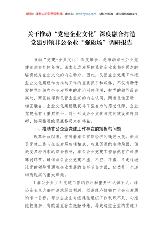 关于推动“党建企业文化”深度融合打造党建引领非公企业“强磁场”调研报告