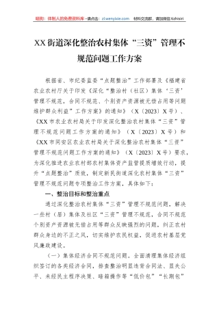 XX街道深化整治农村集体“三资”管理不规范问题工作方案